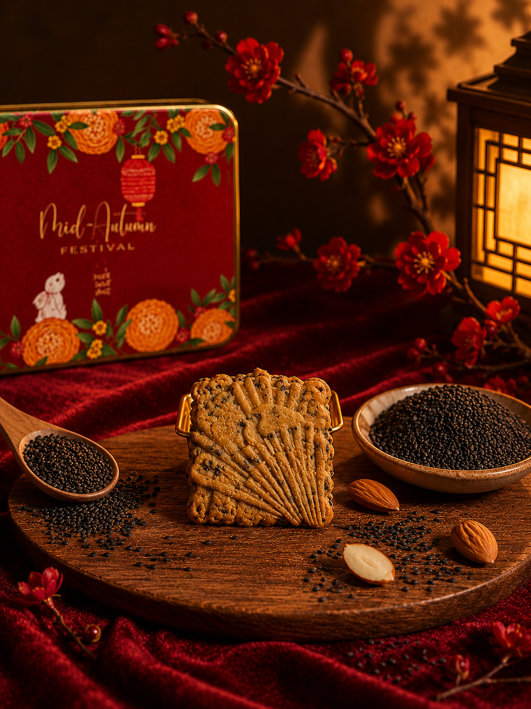 Black Sesame Mooncookie with detailed stamped pattern, black sesame and almond