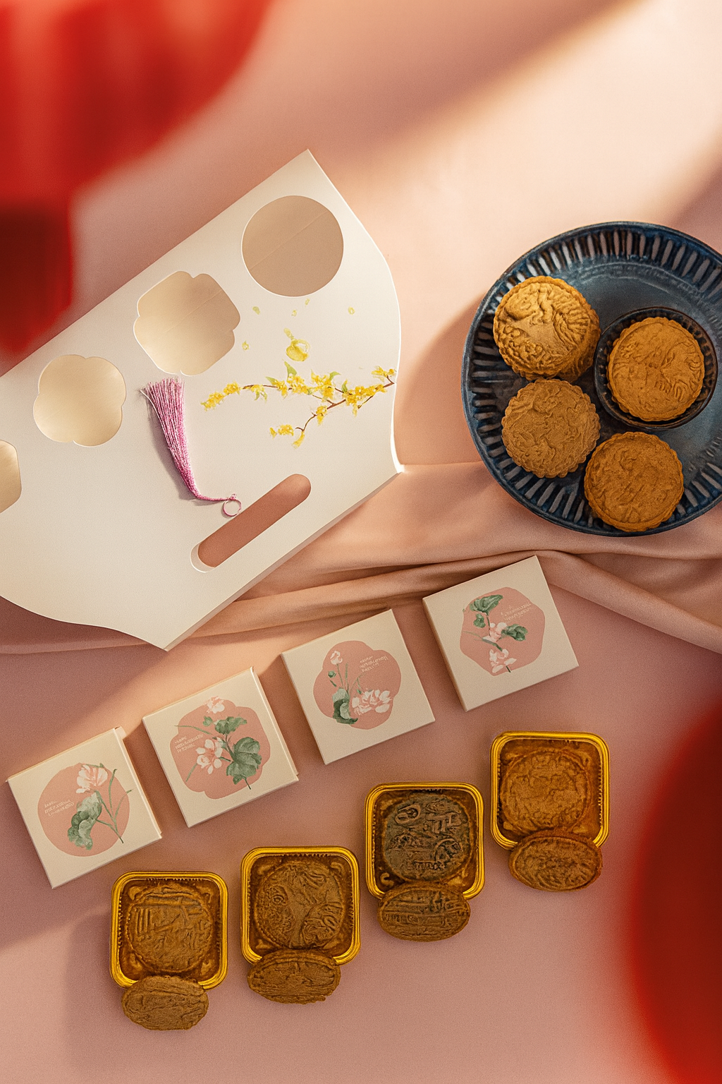 Salted egg, black sesame, red bean, and oolong almond Moon cookies in elegant packaging