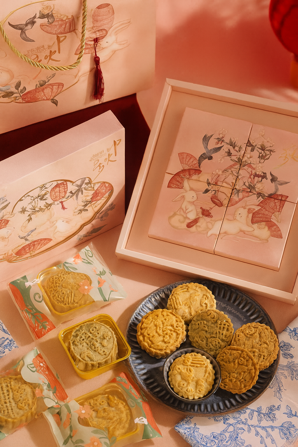 Mid-Autumn Signature Mooncookies Set with 4 flavours and pink paper gift bag