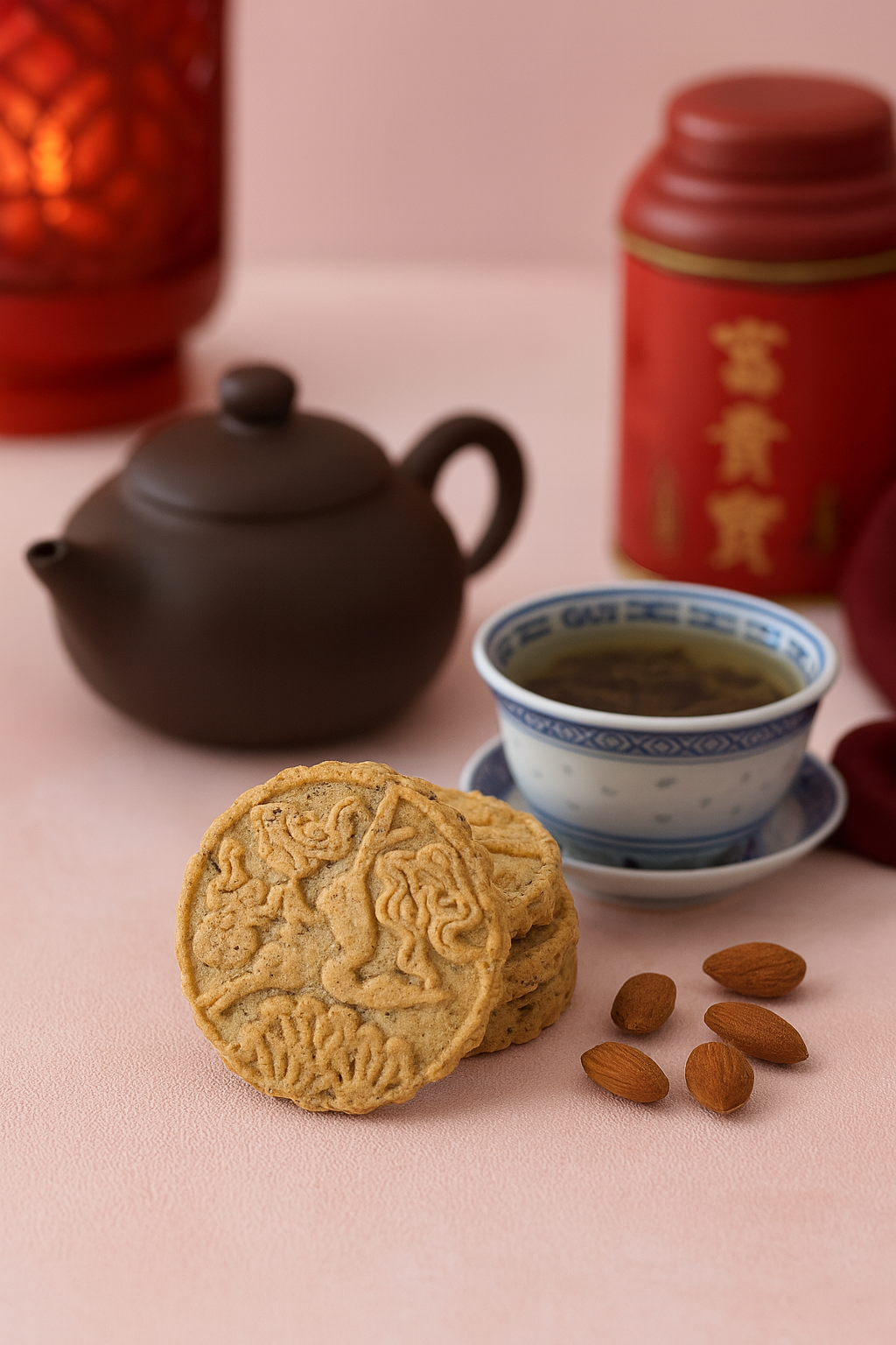 Oolong almond Mooncookies with teaware styling – bright, premium product photo
