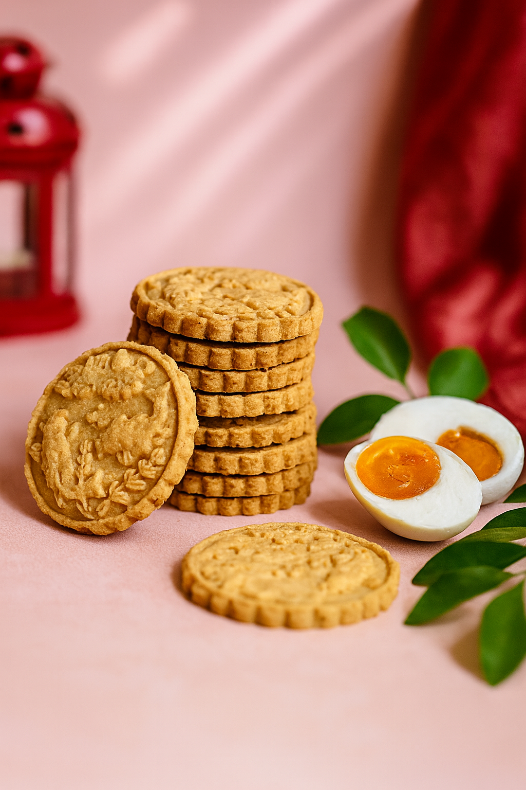 Mooncookies Duo – salted egg yolk cookies stacked on soft pink background with red lantern bokeh