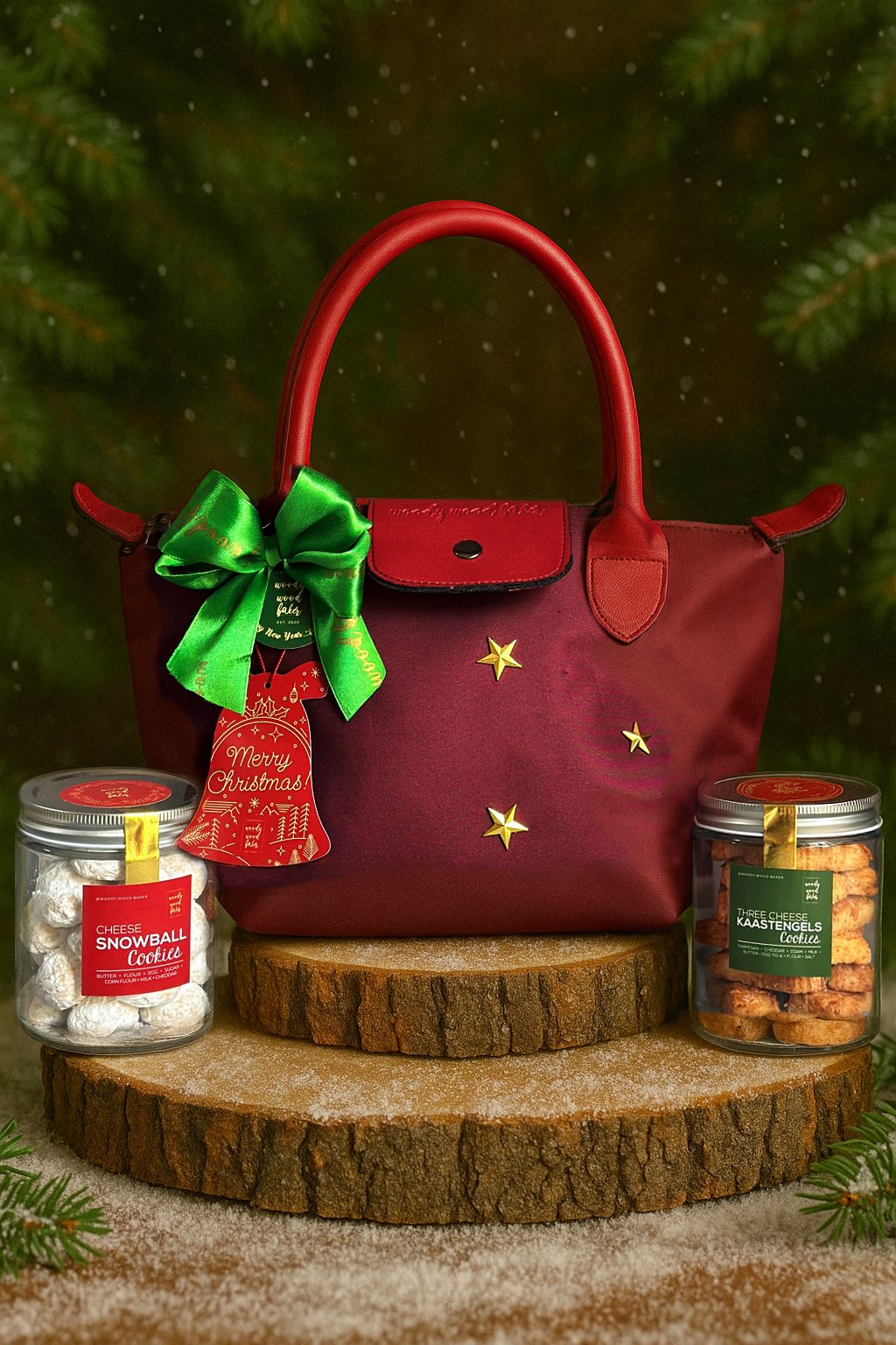 Stella di Natale Christmas gift — two jars of cookies in a stylish reusable red festive bag