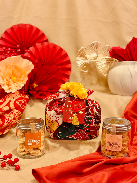 Chinese New Year Double Blessing cookie hamper with two cookie jars wrapped in oriental furoshiki