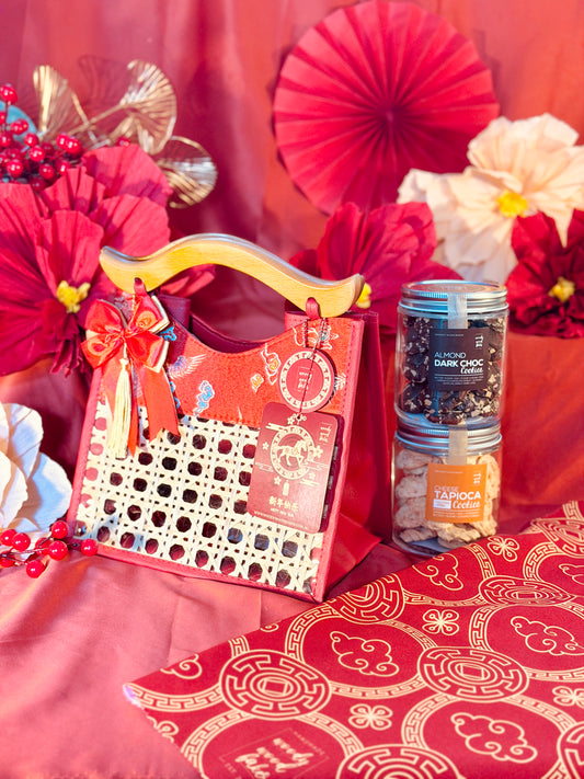 Chinese New Year Double Prosperity cookie hamper with two cookie jars in red gift bag with wooden handle