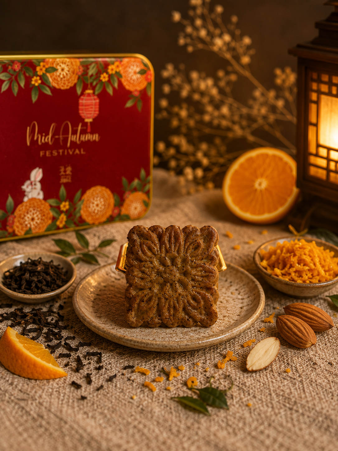 Earl Grey Orange Mooncookie with detailed stamped pattern, tea and orange zest
