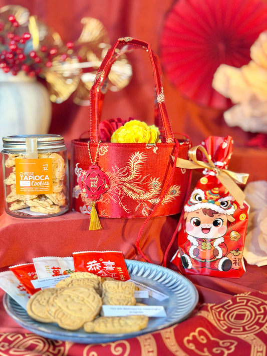 Chinese New Year Golden Peony cookie hamper with fortune cookies and festive red packaging