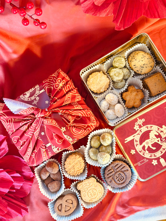 Chinese New Year Lunar Celebration Box assorted cookie tin wrapped in oriental-designed furoshiki