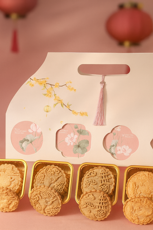 Mid-Autumn Harmony Box with 4 Mooncookies flavours in pink festive packaging
