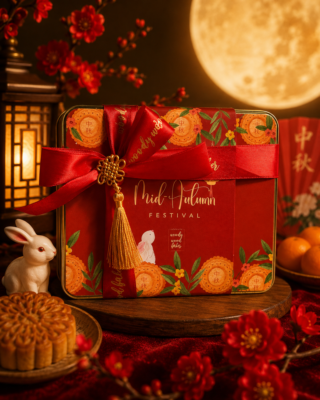 Mooncookies Mid-Autumn gift tin by Woody Wood Baker styled for festive gifting
