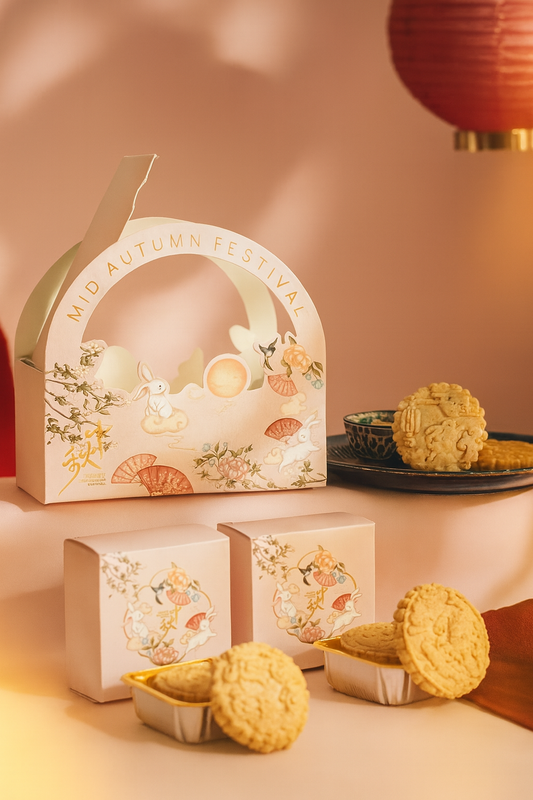 Mooncookies Duo gift boxes and cookies on pastel pink set – premium Mid-Autumn packaging