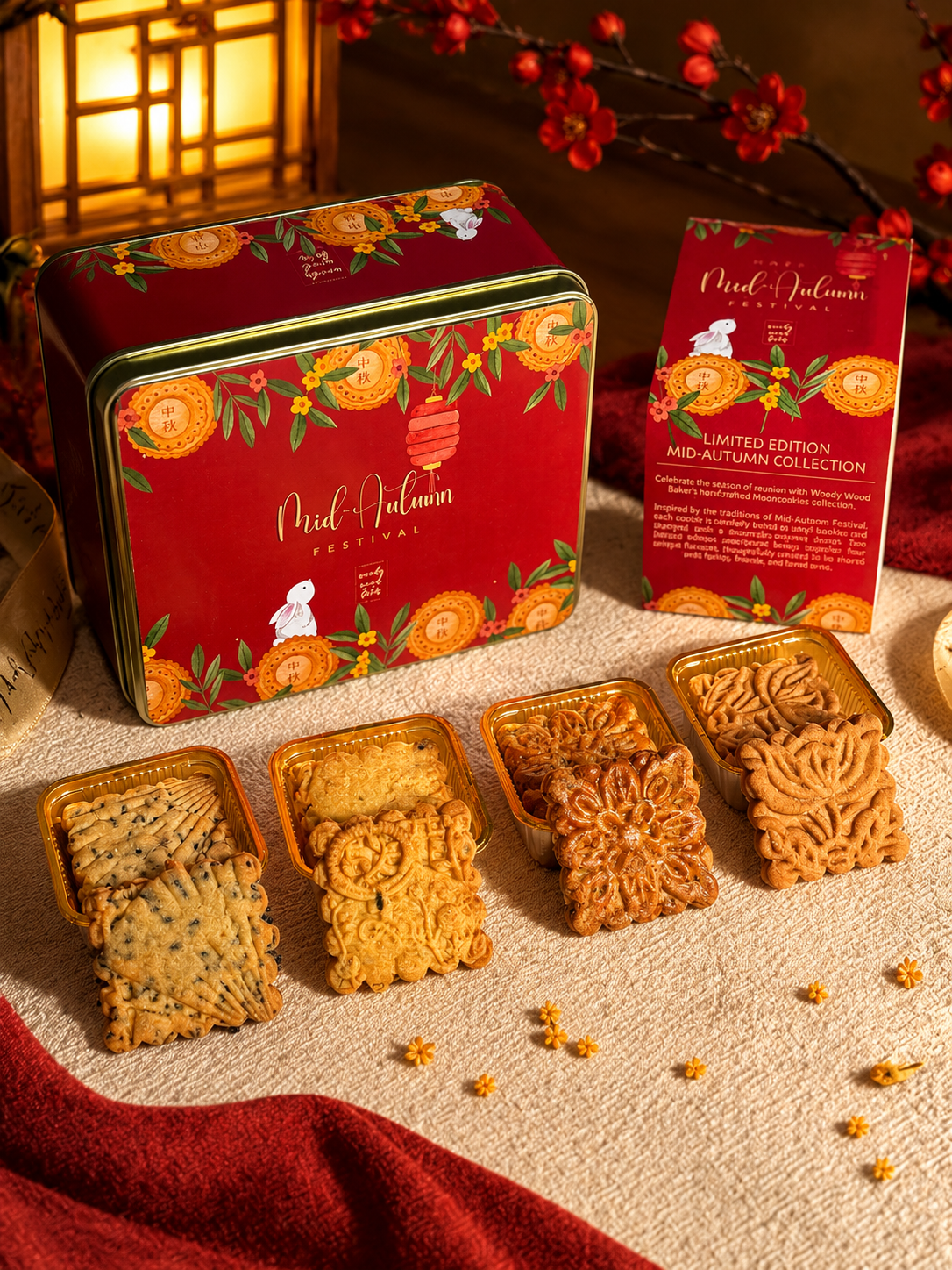 Woody Wood Baker Mooncookies Mid-Autumn gift tin with four handmade cookie flavours