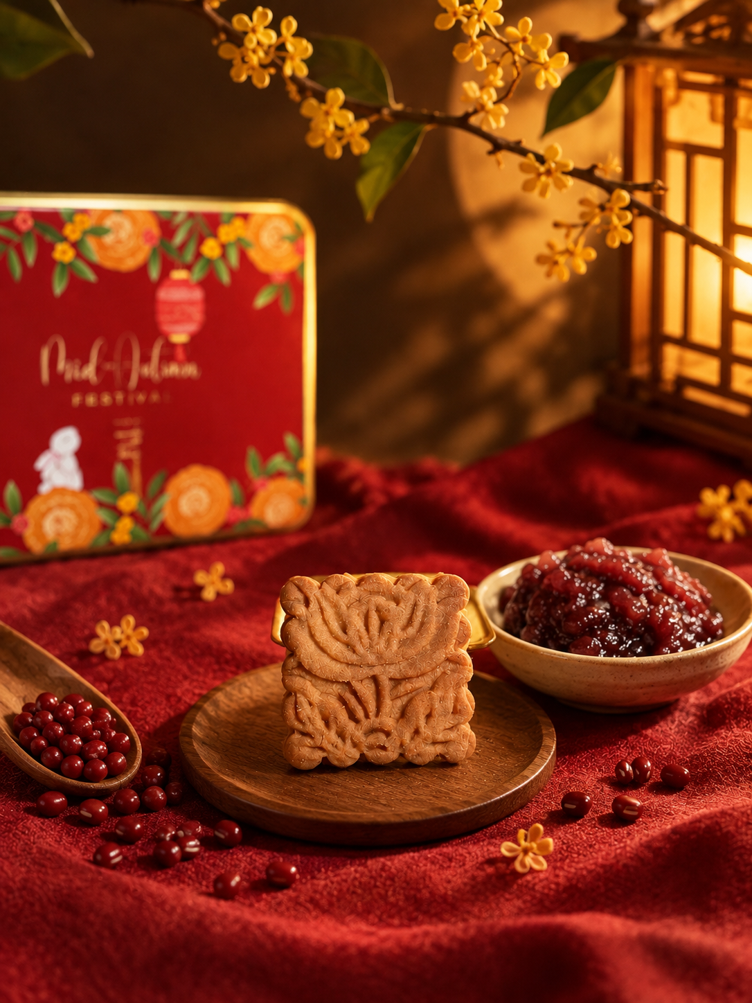 Red Bean Mooncookie with traditional stamped pattern and red bean filling ingredients