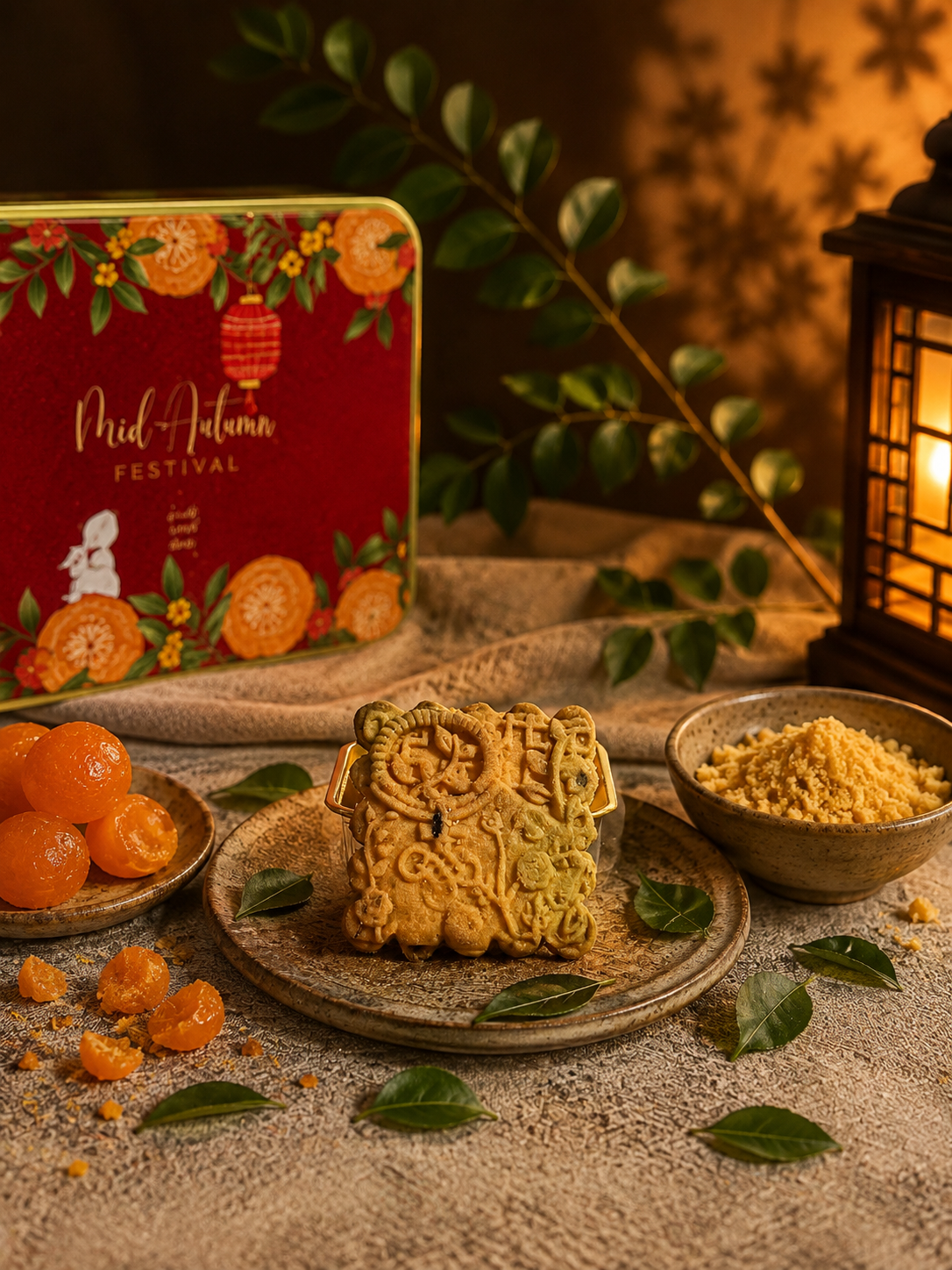 Salted Egg and Curry Leaf Mooncookie with detailed traditional stamped pattern