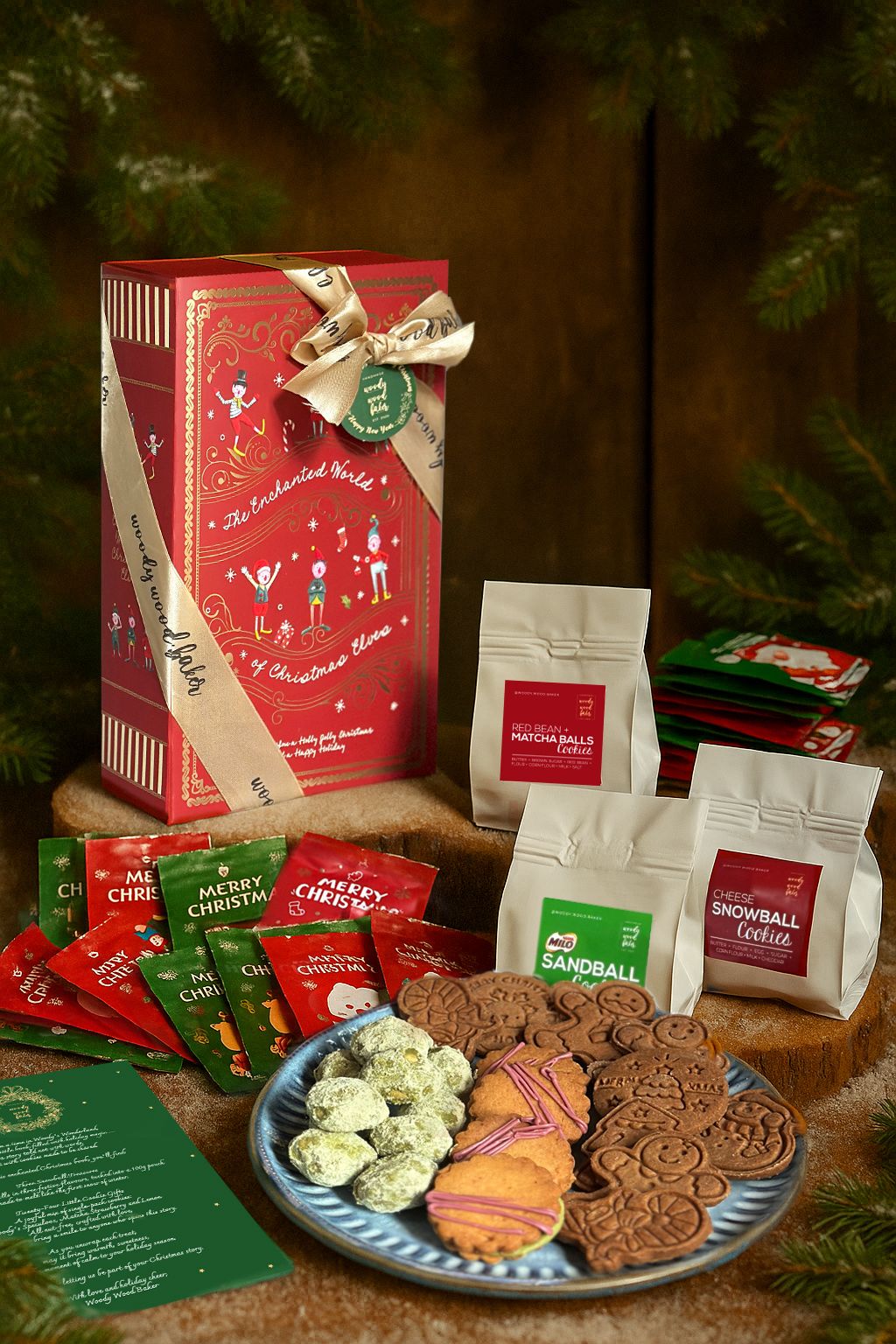 The Christmas Story Book – Woody Wood Baker Christmas hamper featuring storybook box, snowball pouches, and individually packed cookies.