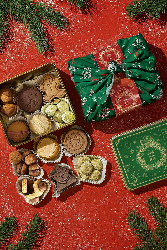 Christmas Celebration Box featuring assorted Woody’s handcrafted cookies wrapped in festive Christmas furoshiki.