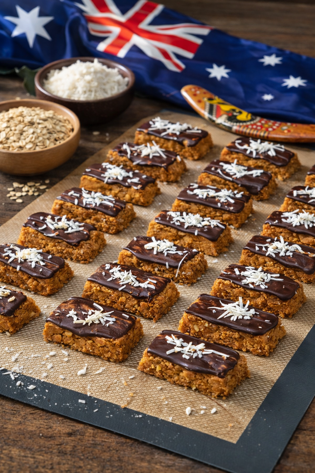 Woody’s ANZAC Cookies handmade oat coconut cookies topped with dark chocolate