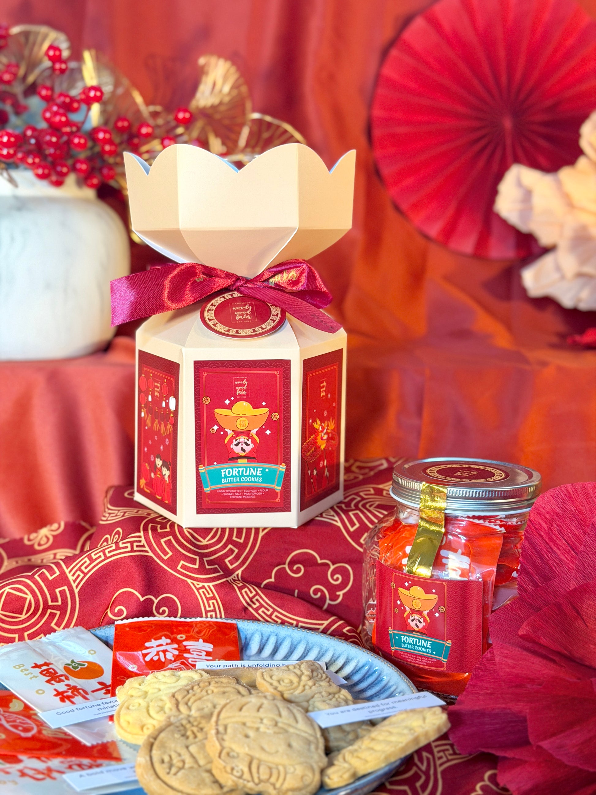 Chinese New Year Box of Fortune gift box featuring fortune butter cookies in festive red packaging