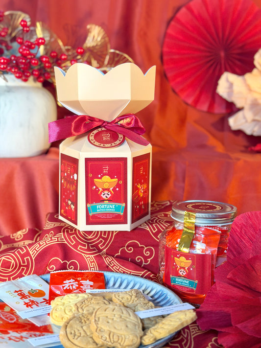 Chinese New Year Box of Fortune gift box featuring fortune butter cookies in festive red packaging