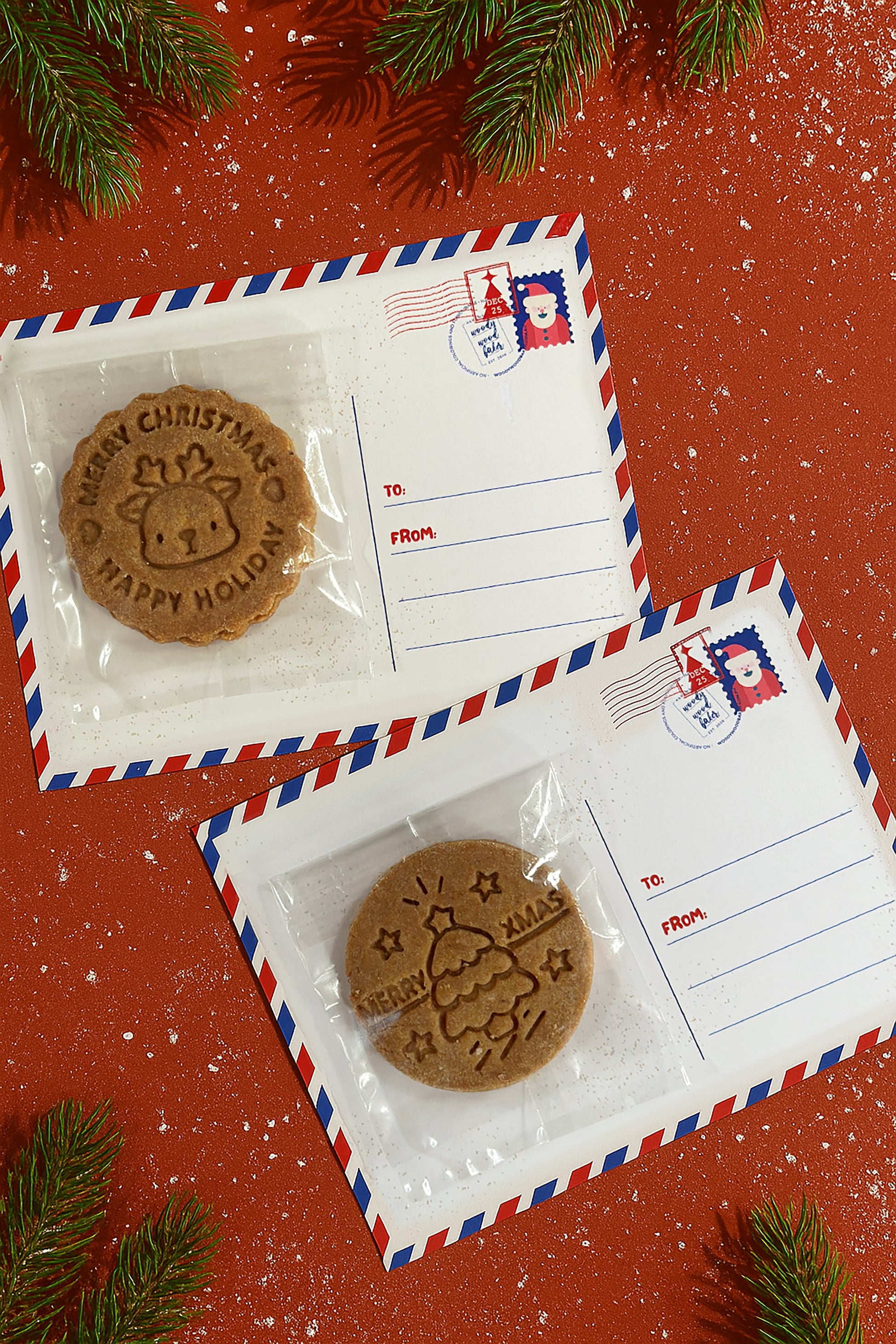 Christmas Cookiegram – individually packed nut-free Speculoos Christmas cookie in festive postcard-style packaging.