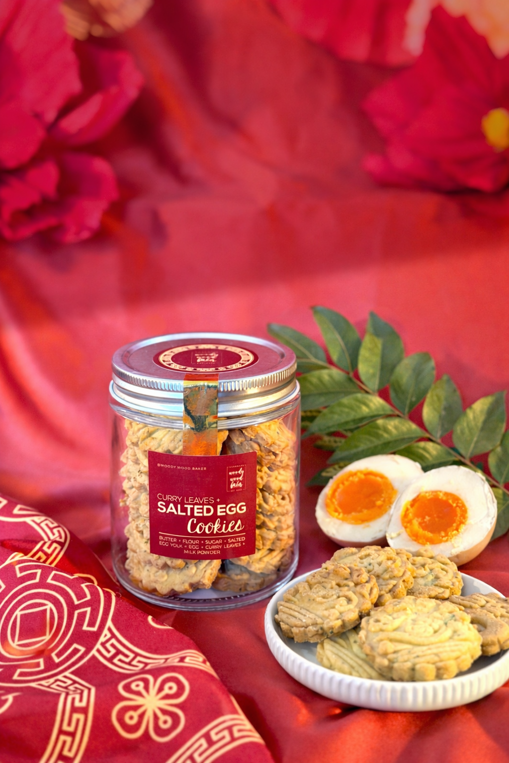 Salted egg curry leaves savoury butter cookies in glass jar